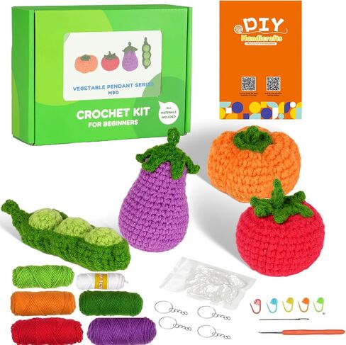 Finnacy Crochet Vegetables Kit, Crochet Kit for Beginners, Crochet Starter Kit with Step by Step Video, Yarns, Hook and Accessories (Dustpan and 4 pcs Vegetables of Eggplant, Pumpkin,Tomato, Pease) in Saudi Arabia