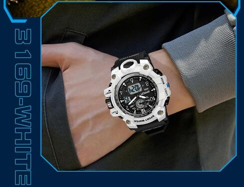 Gosasa Military Style Digital Analog Watch, Large Face 2.2", 50m Water Resistant, Dual Time Zone, Alarm, LED Backlight, Stopwatch, PU Strap in Kuwait