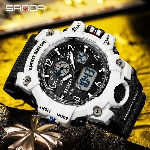 Gosasa Military Style Digital Analog Watch, Large Face 2.2", 50m Water Resistant, Dual Time Zone, Alarm, LED Backlight, Stopwatch, PU Strap in Kuwait