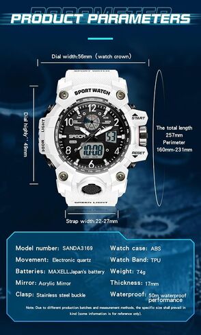 Gosasa Military Style Digital Analog Watch, Large Face 2.2", 50m Water Resistant, Dual Time Zone, Alarm, LED Backlight, Stopwatch, PU Strap in Kuwait