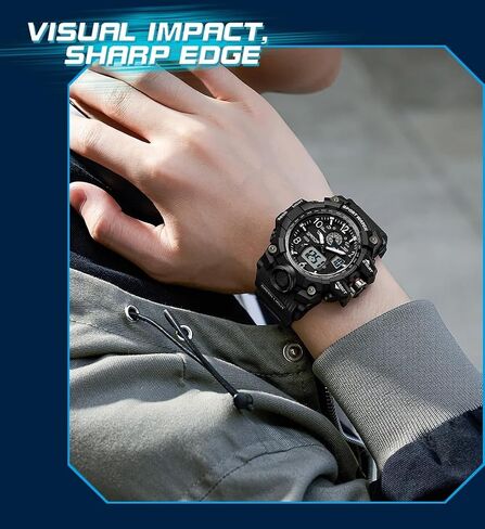 Gosasa Military Style Digital Analog Watch, Large Face 2.2", 50m Water Resistant, Dual Time Zone, Alarm, LED Backlight, Stopwatch, PU Strap in Kuwait