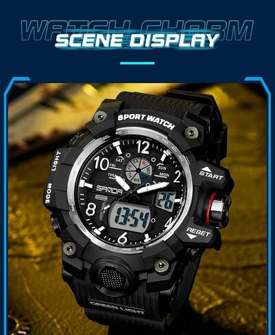 Gosasa Military Style Digital Analog Watch, Large Face 2.2", 50m Water Resistant, Dual Time Zone, Alarm, LED Backlight, Stopwatch, PU Strap in Kuwait