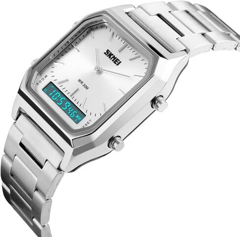 Gosasa Women Men Square Multifunction Stopwatch Dual Display Wristwatches Stainless Steel Strap Analog Sports Watches in Kuwait