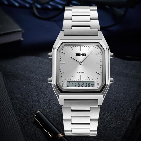 Gosasa Women Men Square Multifunction Stopwatch Dual Display Wristwatches Stainless Steel Strap Analog Sports Watches in Kuwait