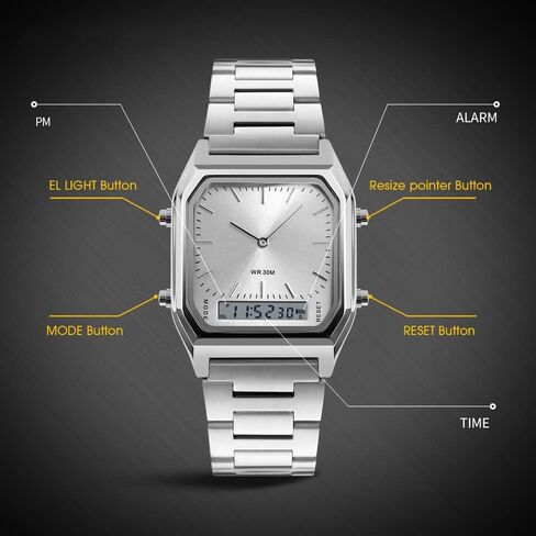 Gosasa Women Men Square Multifunction Stopwatch Dual Display Wristwatches Stainless Steel Strap Analog Sports Watches in Kuwait
