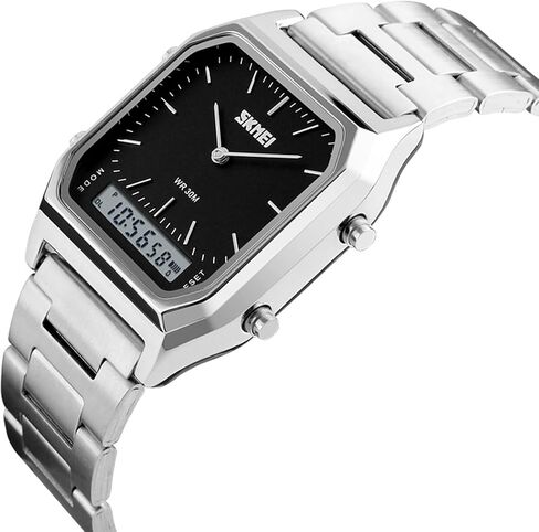 Gosasa Women Men Square Multifunction Stopwatch Dual Display Wristwatches Stainless Steel Strap Analog Sports Watches in Kuwait