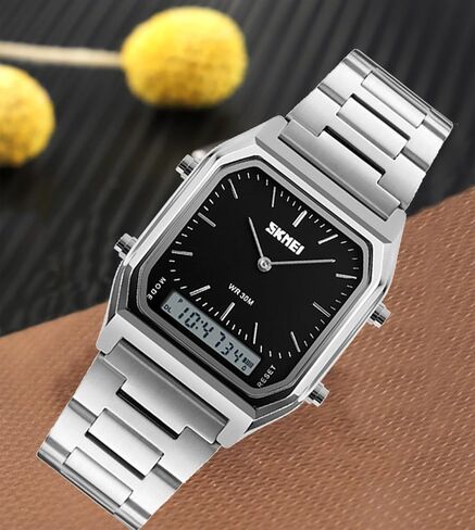 Gosasa Women Men Square Multifunction Stopwatch Dual Display Wristwatches Stainless Steel Strap Analog Sports Watches in Kuwait