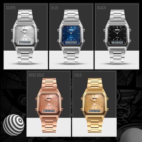 Gosasa Women Men Square Multifunction Stopwatch Dual Display Wristwatches Stainless Steel Strap Analog Sports Watches in Kuwait