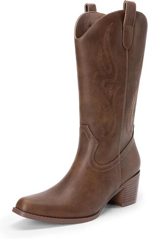 DREAM PAIRS Women's Square Toe Cowboy Boots, Western Cowgirl Boots with Embroidery Mid Calf Retro Chunky Heel Booties in Saudi Arabia