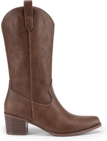 DREAM PAIRS Women's Square Toe Cowboy Boots, Western Cowgirl Boots with Embroidery Mid Calf Retro Chunky Heel Booties in Saudi Arabia