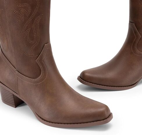 DREAM PAIRS Women's Square Toe Cowboy Boots, Western Cowgirl Boots with Embroidery Mid Calf Retro Chunky Heel Booties in Saudi Arabia