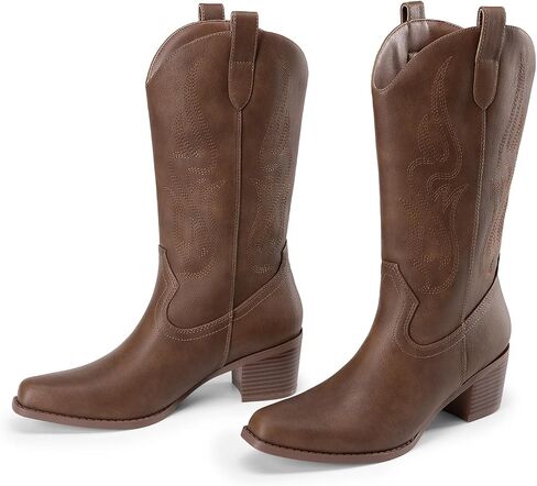 DREAM PAIRS Women's Square Toe Cowboy Boots, Western Cowgirl Boots with Embroidery Mid Calf Retro Chunky Heel Booties in Saudi Arabia