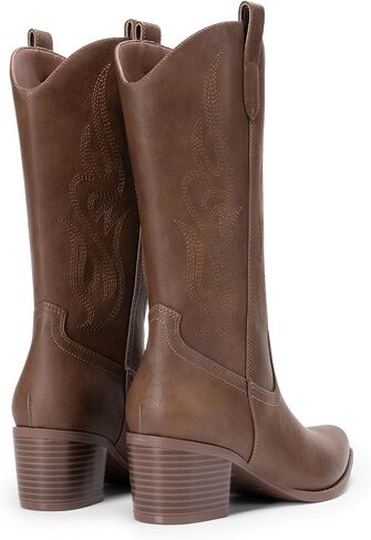 DREAM PAIRS Women's Square Toe Cowboy Boots, Western Cowgirl Boots with Embroidery Mid Calf Retro Chunky Heel Booties in Saudi Arabia