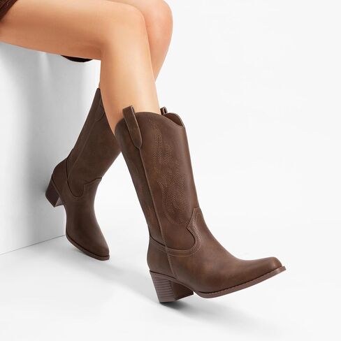 DREAM PAIRS Women's Square Toe Cowboy Boots, Western Cowgirl Boots with Embroidery Mid Calf Retro Chunky Heel Booties in Saudi Arabia