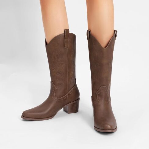 DREAM PAIRS Women's Square Toe Cowboy Boots, Western Cowgirl Boots with Embroidery Mid Calf Retro Chunky Heel Booties in Saudi Arabia