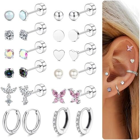 12 Pairs Flat Back Earrings for Women Conch Helix Cartilage Hoop Earrings Stainless Steel Earrings Set for Multiple Piercing 18K Gold Plated Opal Ball CZ Flat Back Stud Earrings in Kuwait
