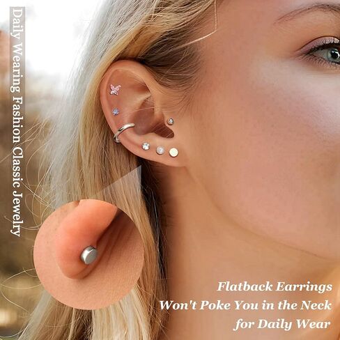 12 Pairs Flat Back Earrings for Women Conch Helix Cartilage Hoop Earrings Stainless Steel Earrings Set for Multiple Piercing 18K Gold Plated Opal Ball CZ Flat Back Stud Earrings in Kuwait