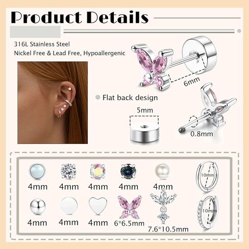 12 Pairs Flat Back Earrings for Women Conch Helix Cartilage Hoop Earrings Stainless Steel Earrings Set for Multiple Piercing 18K Gold Plated Opal Ball CZ Flat Back Stud Earrings in Kuwait