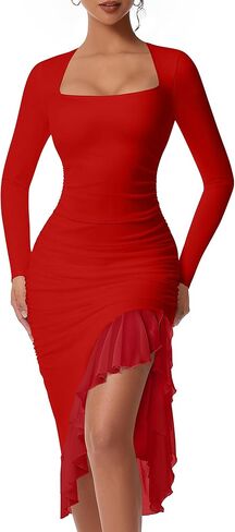 DAAWENXI Women's Sexy Ruched Bodycon Midi Dresses Square Neck Long Sleeve Ruffle Hem Cocktail Party Dress in Saudi Arabia