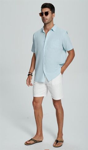 Mens Casual Linen Button Down Short Sleeve Shirts Beach Summer Spread Collar Pocket Tops in Saudi Arabia