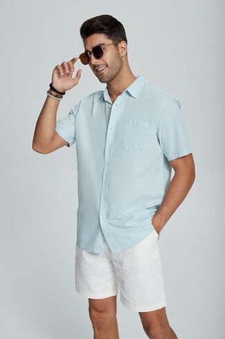 Mens Casual Linen Button Down Short Sleeve Shirts Beach Summer Spread Collar Pocket Tops in Saudi Arabia