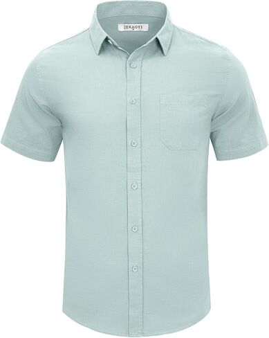 Mens Casual Linen Button Down Short Sleeve Shirts Beach Summer Spread Collar Pocket Tops in Saudi Arabia