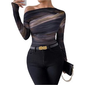 Women's Tie Dye Shirts One Shoulder Ruched T Shirts Mesh Long Sleeve Slim Fit Tee Tops