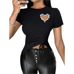 Women's Heart Cut Out Drawstring T Shirts Casual Short Sleeve Crewneck Slim Fit Tops