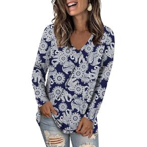 LONGYUAN Women Long Sleeve Tops Vneck Shirts Basic Loose Tunic Tops Casual 2025 Trendy Blouses