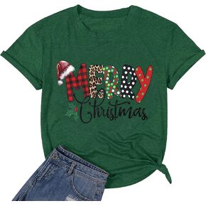 Cute Merry Christmas Shirts for Women Funny Buffalo Plaid Leopard Letter Print Graphic Tee Top Xmas Gifts