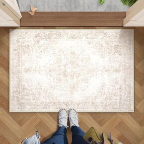 Area Rug 2x3 Vintage Rug: Small Washable Indoor Medallion Entryway Rug Low Pile Distressed Floor Carpet Retro Accent Doormat for Bedroom Bathroom Hallway Kitchen Home Office(Retro Beige, 2'x3')