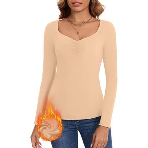 WOWENY Women Thermal Long Sleeve Shirt Fleece Lined Undershirts Basic Fitted Tops Ruched Sweetheart Neck Winter Base Layer