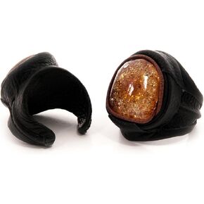 Leather Ring With Baltic Amber stone/Hand Made from Polished/Certified Baltic Amber Bead (2 colors/One size)