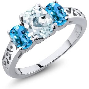 Gem Stone King 925 Sterling Silver Sky Blue Aquamarine and Swiss Blue Topaz Filigree Style 3 Stone Ring for Women (2.30 Cttw, Oval 8X6MM and 6X4MM, Available in Size 5, 6, 7, 8, 9)