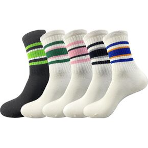 Three Stripes Crew Socks Solid Color Quartz Socks Vintage Dress Socks for Women, Men, 5 Pack
