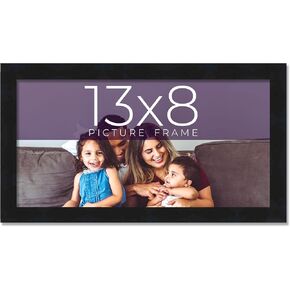 13x8 Frame Black Real Wood Picture Frame Width 0.75 Inches | Interior Frame Depth 0.5 Inches | Noir Classique Mid Century Photo Frame Complete with UV Acrylic, Foam Board Backing & Hanging Hardware