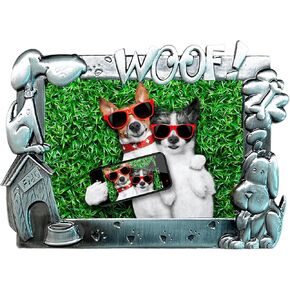 Dog Metal Picture Frame Wall Pet Puppy Woof Photo Picture Silver Cartoon Display Holder with Brackets, 3.5" x 5" Antique Desktop Wall Photo Frame for Home Decoration