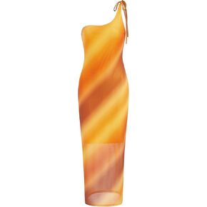 CIDER Miami Sunset Vacation Mesh Asymmetrical Neck Ombre Midi Dress