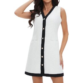 Ladyful Womens Tweed Jackie Dress Sleeveless Elegant Mini Dress V Neck Work Party Short Dress