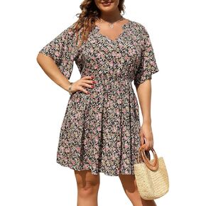 Nemidor Womens Plus Size Floral Print Boho Casual Layered Swing Skater Dress with Pocket NEM299
