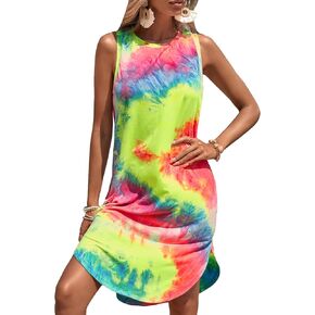MakeMeChic Women's Casual Summer Tie Dye Sleeveless Split Midi Tank Dress Sundress