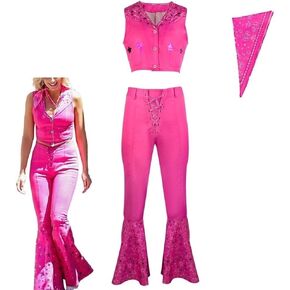 Adult Cowgirl Costume 70s 80s Hippie Disco Costume Pink Bell Bottom Women's Movie Halloween Cosplay Costume