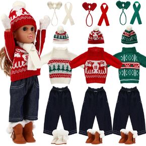HyDren 3 Set Christmas Doll Clothing 18 Inch Winter Doll Outfits 3 Colors Winter Christmas Outfit and Accessories DIY Doll Accessory Include Sweater and Skirts and Hat and Gloves and Scarf and Shoes