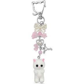 Cute Cat Keychain, Fuzzy Kitty Decor Gift for Cat Lovers, Heart Bow Pendant, Women Girls Kawaii Bag Charm