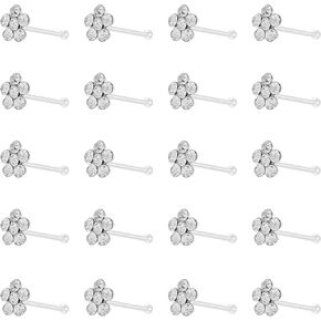 20PCS Boxed Basic White Flower-Shaped Dot Diamond Straight Nose Studs, 925 Silver Hypoallergenic 22G Nose Studs, Fashionable and Simple Body Piercing Jewelry