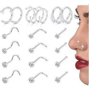 18Pcs Nose Rings Studs 316L Surgical Steel Nose Studs Double Hoop Nose Ring for Women Men, 18G Nose Rings Stud L Shape/Corkscrew/Straight Nose Studs Body Piercing Jewelry 1.5mm 2mm 2.5mm 3mm CZ