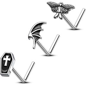 CM Crareesi Mania Bat Nose Stud Pack 20G Nose Piercing Jewelry 316L Stainless Steel 3Pcs L-Shaped Nose Nostril Piercing Coffin Nose Ring Studs