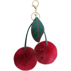 Cherry Keychain Bag Charms Purse Charm for Handbags, Cute Fluffy Pom Pom Key Chain for Bag Accessories Car Decoration, Perfect for Purses,Tote Bags,Backpacks, Keyring- Ideal Gift for Women and Girls