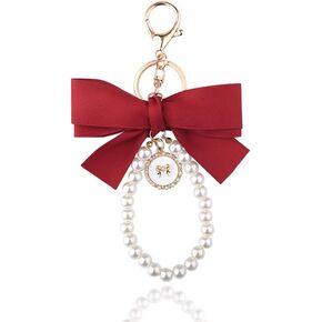 Siopue Pearl Bowknot Keychain for Women Red Bow Wristlet Keychains for Girls Friends Cute Pearl Bracelet Key Chain Accessories for Purse Bag Charm