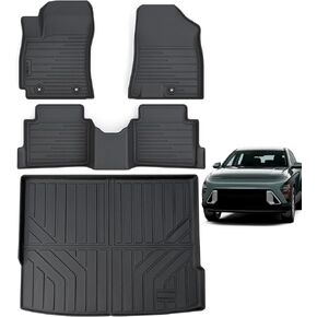 Floor Mats & Cargo Liners for Hyundai KONA 2024 (Not Fit Electric Model),TPE All Weather Protection 1st & 2nd Row Car Floor Liners Front & Trunk Mat Accessories-Black